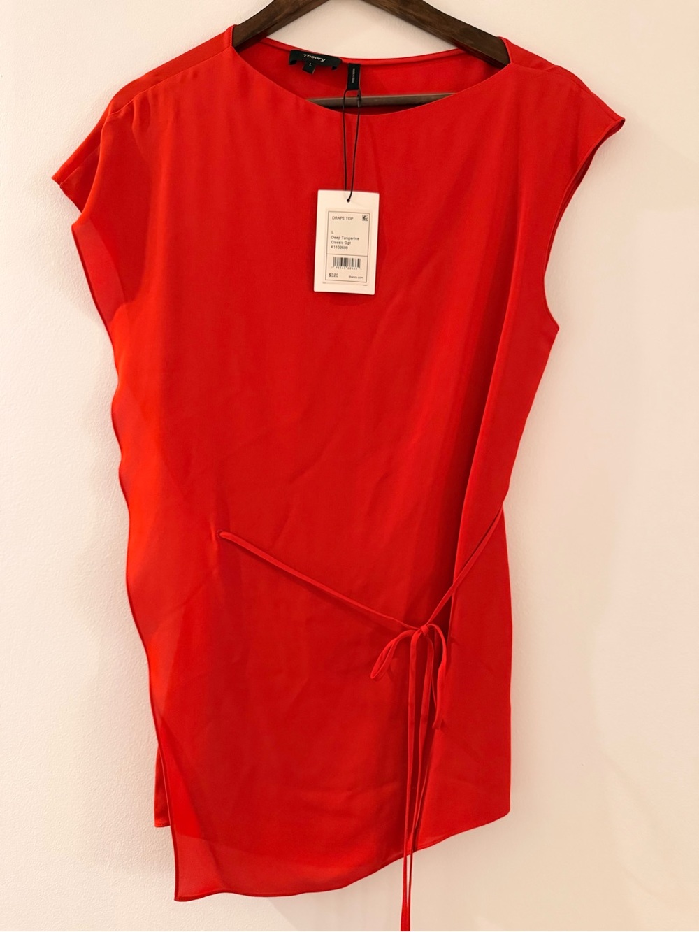 Theory Silk Asymmetrical Drape Top with Tie Waist in Tangerine